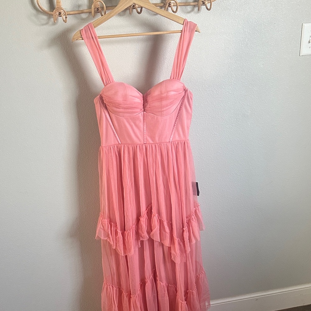 Lulus Stunning Personality Pink Mesh Off-the-Shoulder Maxi Dress NWT